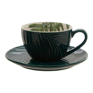 Bali Dark Green Cup And Saucer with Leaf Design