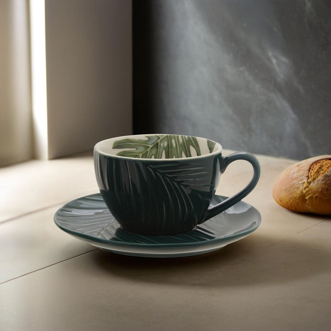 Bali Dark Green Cup And Saucer with Leaf Design