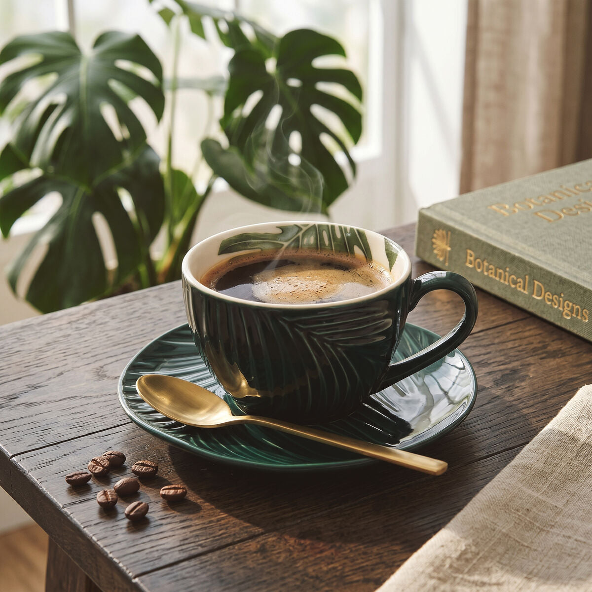 Dark Green Cup and Saucer with Leaf Design | Bali