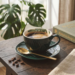 Dark Green Cup and Saucer with Leaf Design | Bali