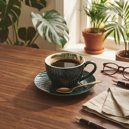 Dark Green Cup and Saucer with Leaf Design | Bali