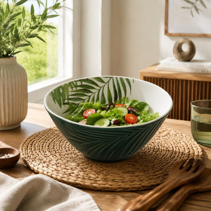 Dark Green Medium Salad Bowl with Leaf Design | Bali