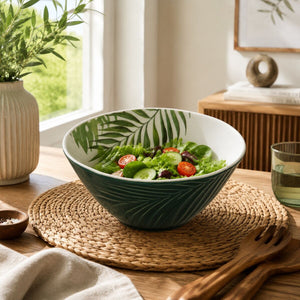 Dark Green Medium Salad Bowl with Leaf Design | Bali