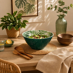 Dark Green Large Salad Bowl with Leaf Design | Bali