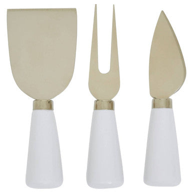 Set of three cheese tools with beige and white handles on a white background