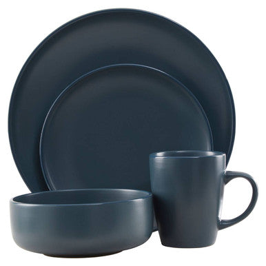 Navy blue dinnerware set with plate, bowl, and mug on a white background
