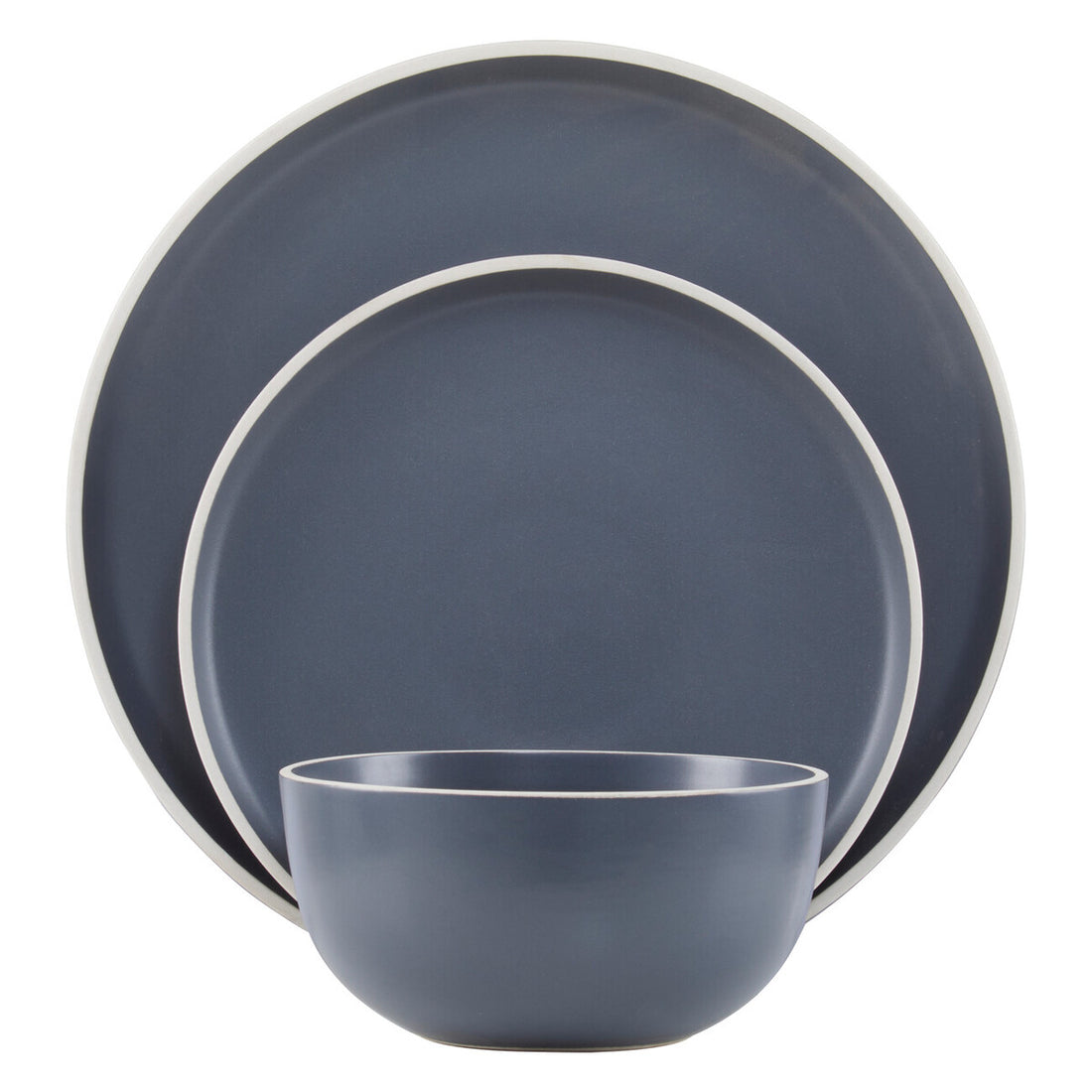 Set of blue dinnerware with a bowl and two plates on a white background