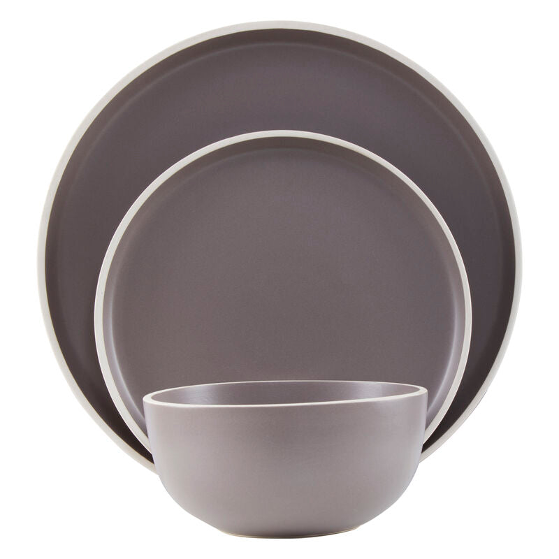 Set of gray dinnerware including a plate and a bowl on a white background