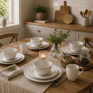 16 Piece White Embossed Dinner Set | Avie