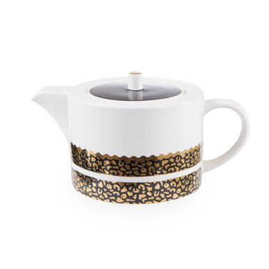White teapot with gold leopard print design on a white background