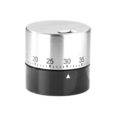 Black and silver kitchen timer on a white background