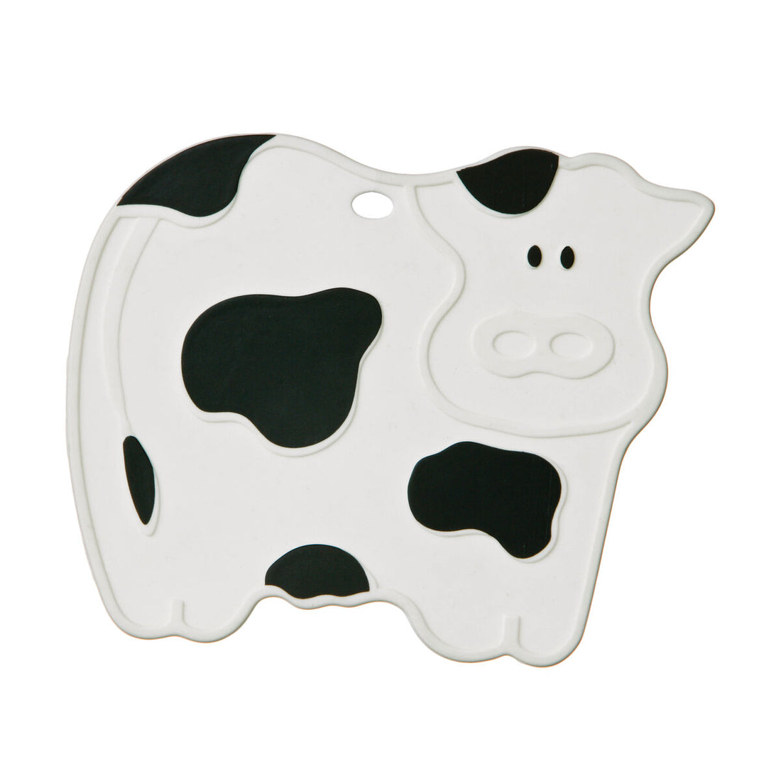 Cow-shaped object with black spots on a white background