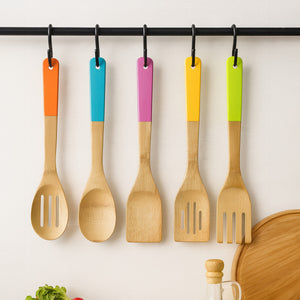 Aleki Natural Bamboo 5 Piece Utensil Set with Multi Coloured Handles
