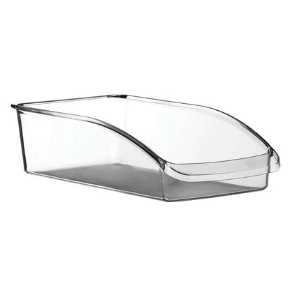 Clear plastic storage bin on a white background