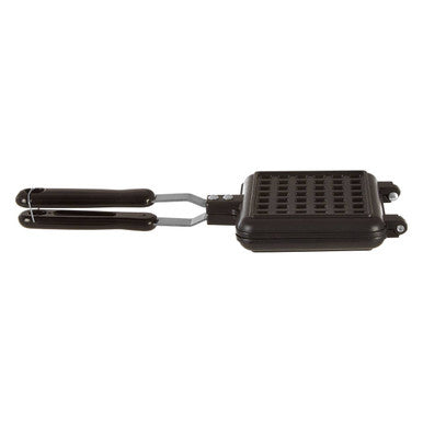 Black rectangular waffle maker on a white background
