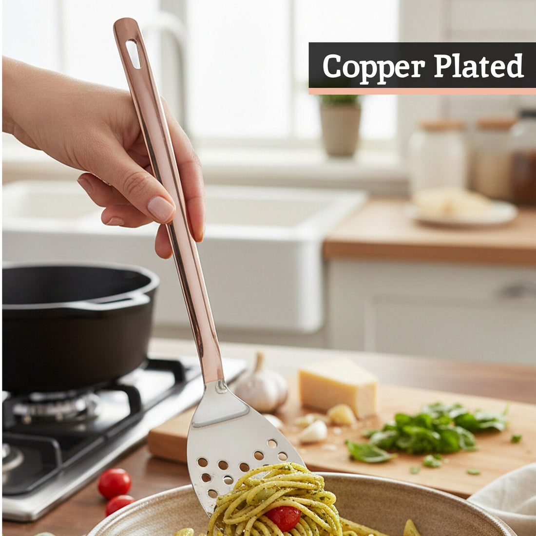 Freya Stainless Steel Slotted Turner with Copper Finish Handle