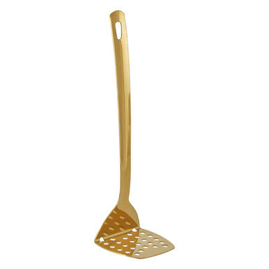 Gold slotted spatula on a white background