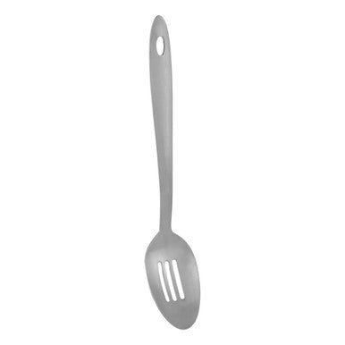 Gray slotted spoon on a white background