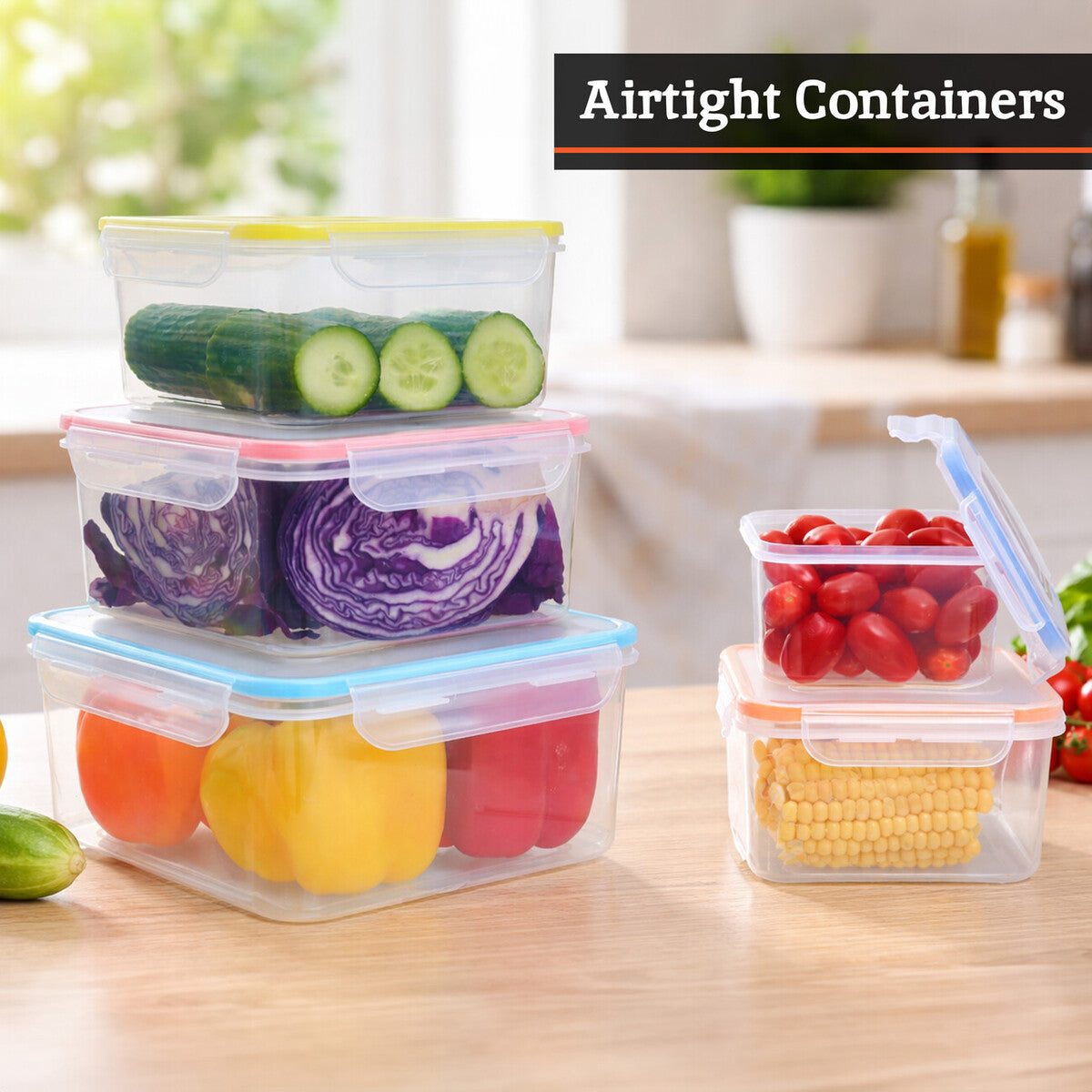 Herrela 5Pc Square Food Containers With Airtight Lids
