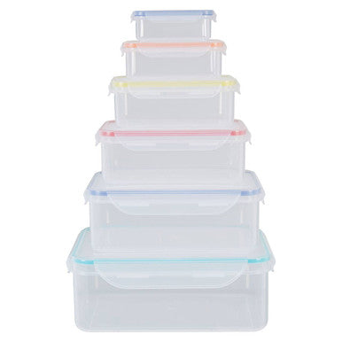 Set of clear silicone food storage containers with colored lids on a white background