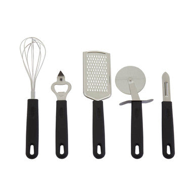 Set of kitchen utensils including a whisk, bottle opener, grater, pizza cutter, and peeler on a white background.