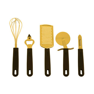 Set of kitchen utensils including a whisk, bottle opener, grater, pizza cutter, and peeler on a white background.