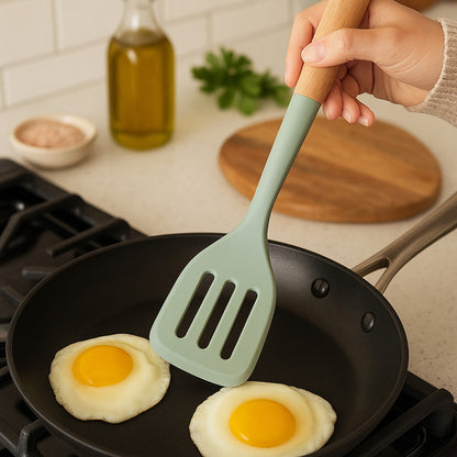 Nova Sage Green Silicone Slotted Turner With Wood Handle