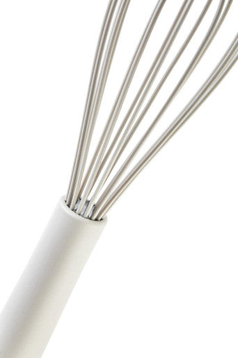 White whisk with metal whisking ends on a white background