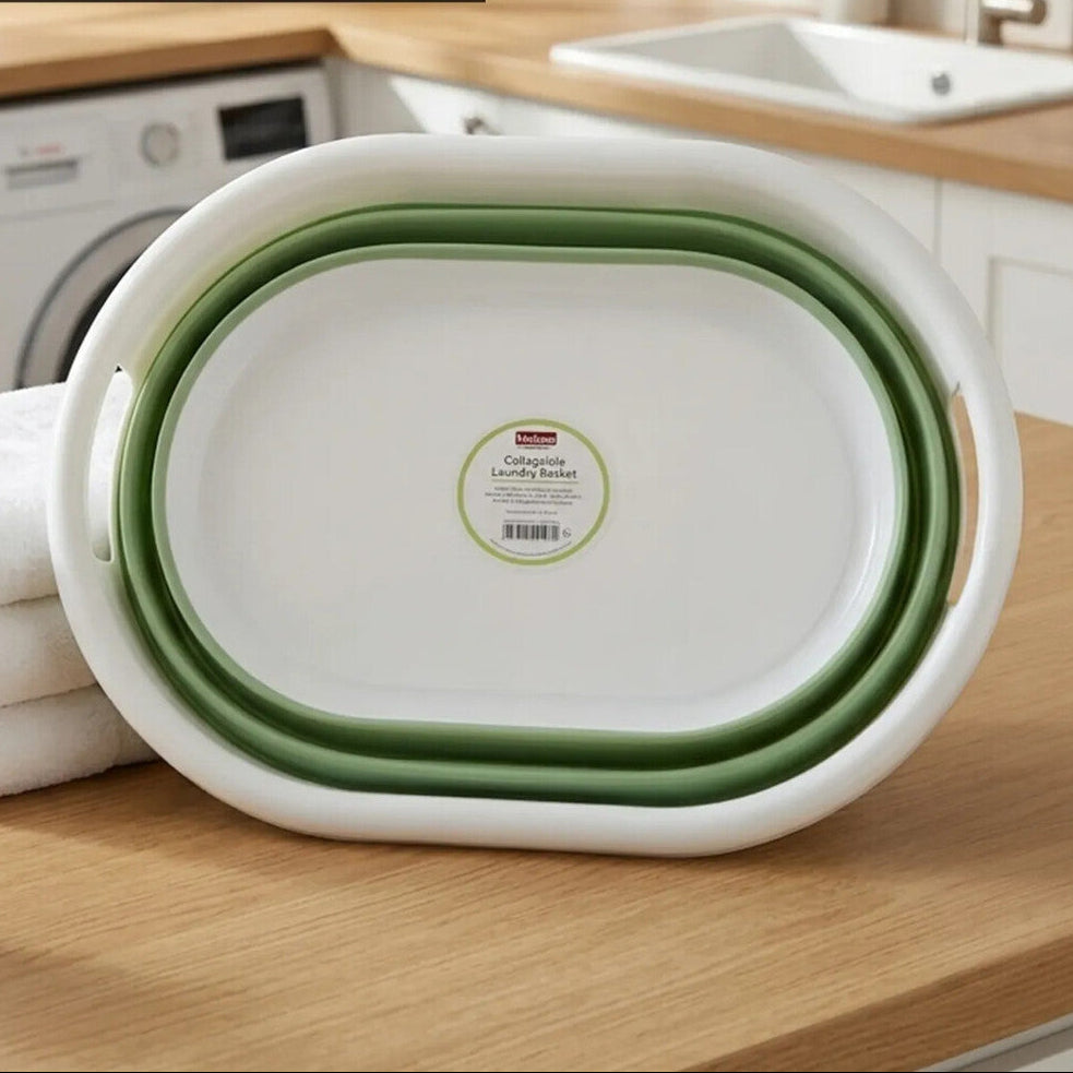 Averill Oval Collapsible Laundry Basket In Green And White