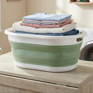 Oval Collapsible Laundry Basket in Green and White | Averill