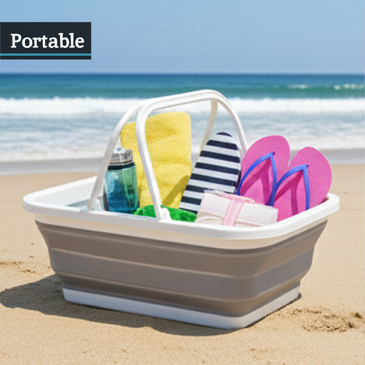 Averill Collapsible Grey And White Basket With Handles