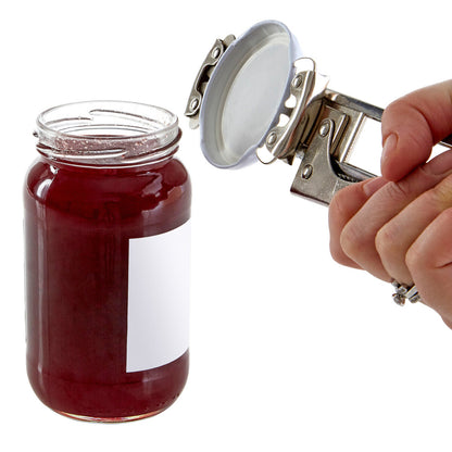 Person using a can opener on a jar of red jelly with a white label.