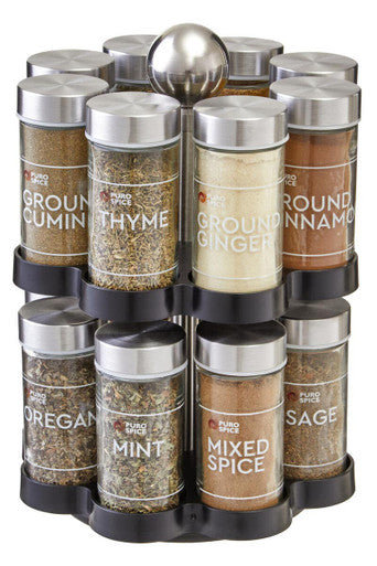 Spice rack with various spice jars on a white background