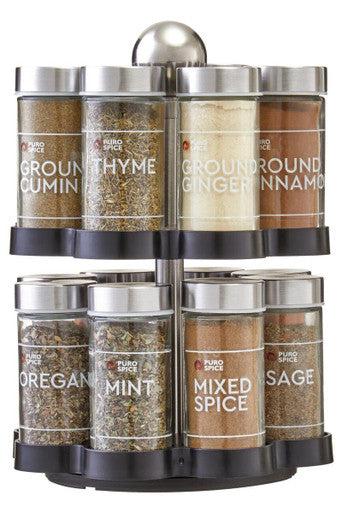 Spice rack with labeled jars containing various spices