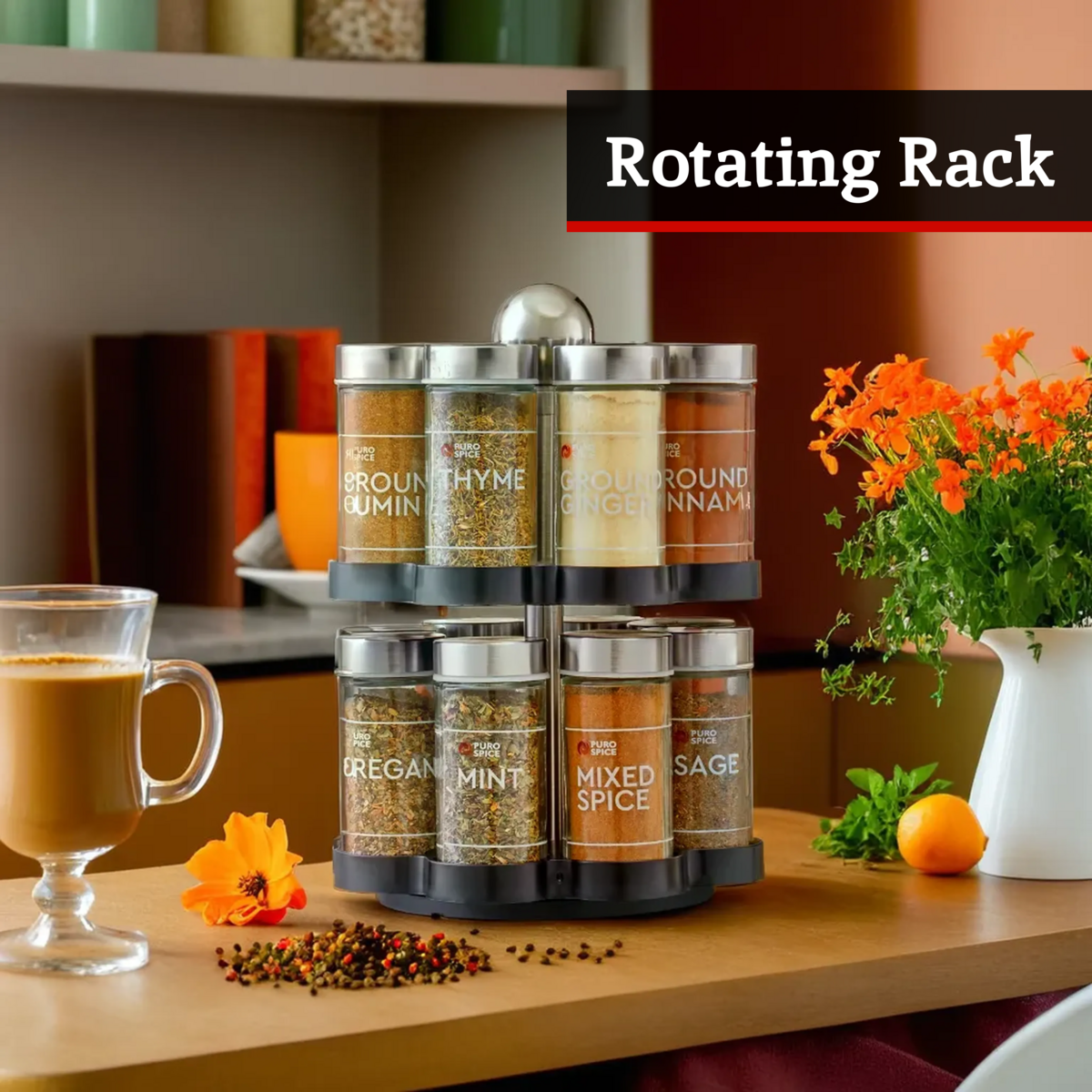Spice rack with labeled jars on a kitchen counter, featuring a cup of coffee and flowers.