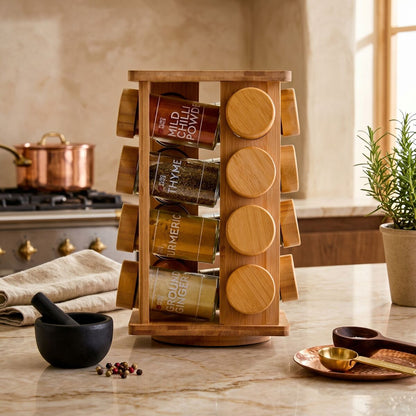 Bamboo Revolving Spice Rack with 16 Jars | Puro