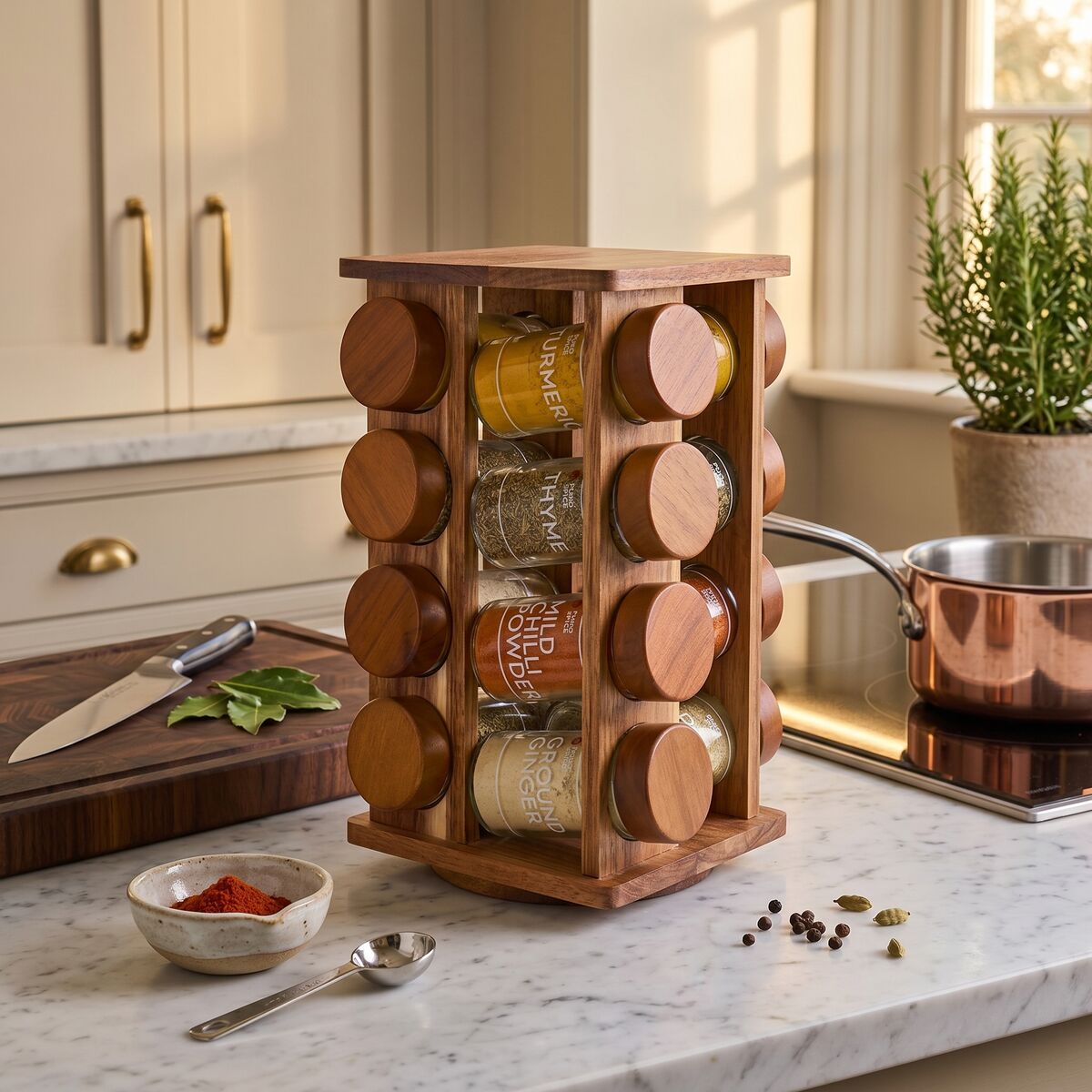 Acacia Wood Revolving Spice Rack with 16 Jars | Puro