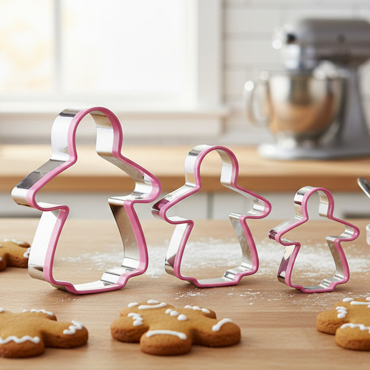 Set of gingerbread man cookie cutters on a wooden surface with decorated cookies.