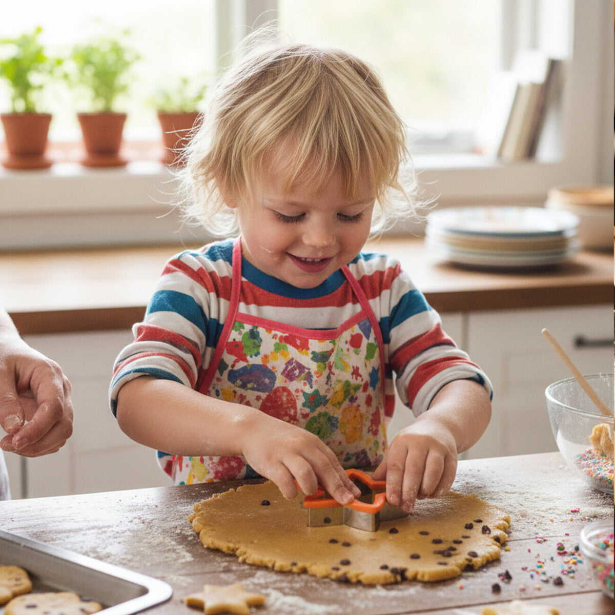 Child in a kitchen making cookies with cookie cutters