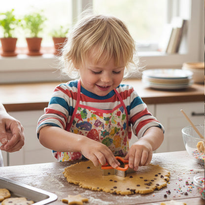 Child in a kitchen making cookies with cookie cutters