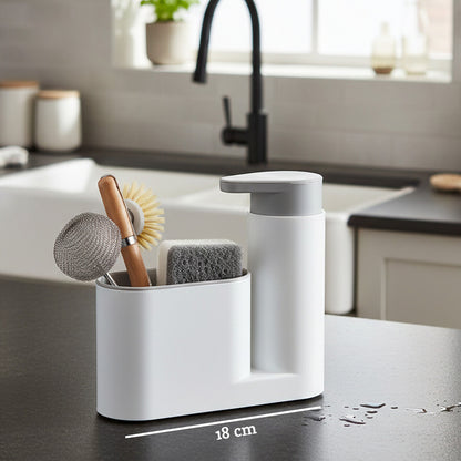 White kitchen sink caddy with cleaning tools on a kitchen counter