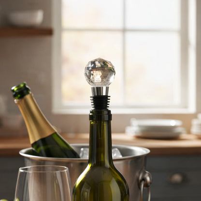 Wine bottle with a decorative stopper in a kitchen setting