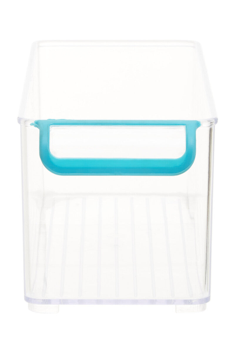 Clear container with a blue handle on a white background