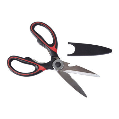 Pair of scissors with black and red handles on a white background