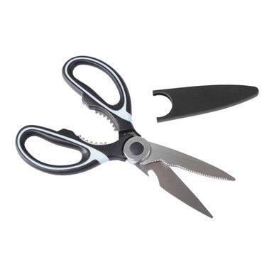 Pair of shears with black handles on a white background