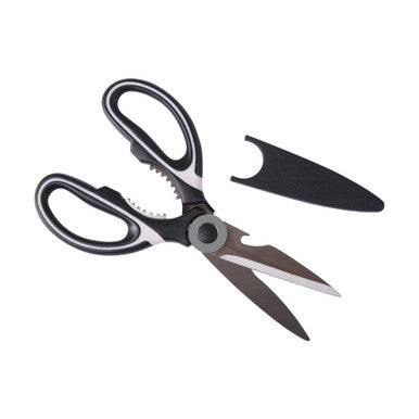 Black and silver scissors on a white background