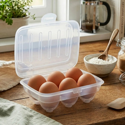 Clear plastic egg carton with eggs on a wooden table