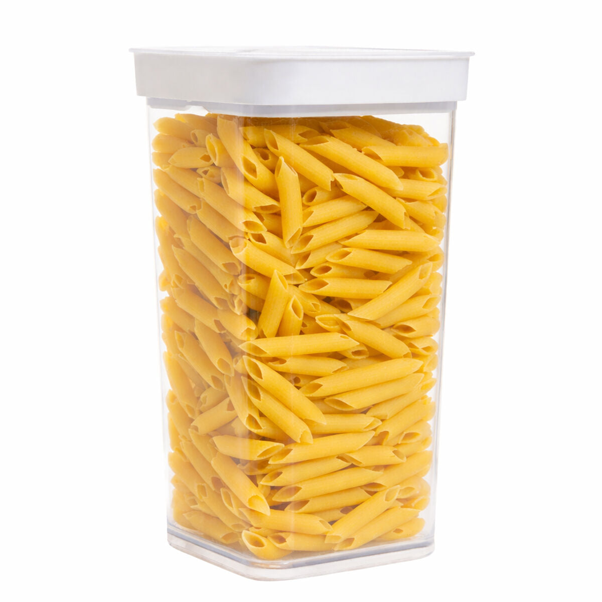 Clear container filled with yellow pasta on a white background