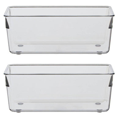 Two clear plastic storage bins with gray handles on a white background