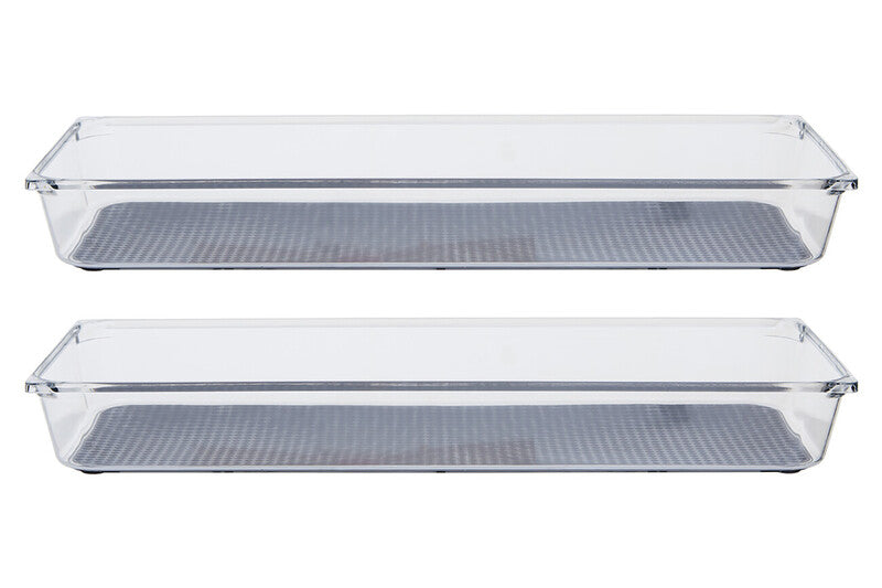 Two clear glass food storage containers with gray interior shelves on a white background